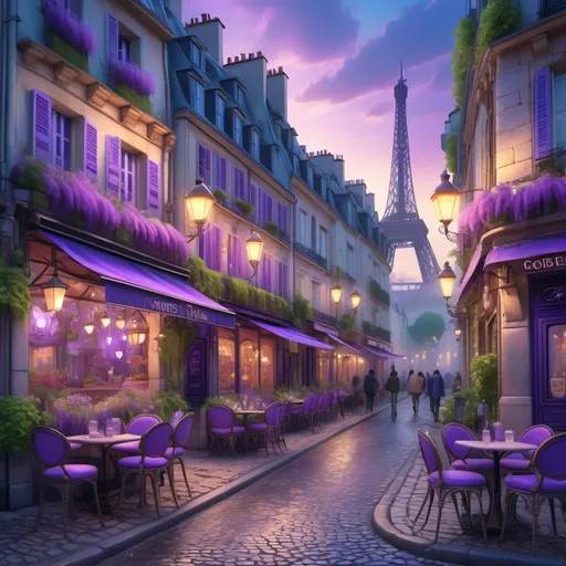 Prompt: Parisian street scene, (fantasy style), immersive dreamscape, enchanting atmosphere, (mystical purple tones), vibrant azure and lavender hues, whimsical architecture, lamplights glowing softly, (cobblestone details), inviting cafes with outdoor seating, romantic ambiance, (fantastical elements), lush greenery intertwining with street items, (high quality, ultra-detailed, 4K).