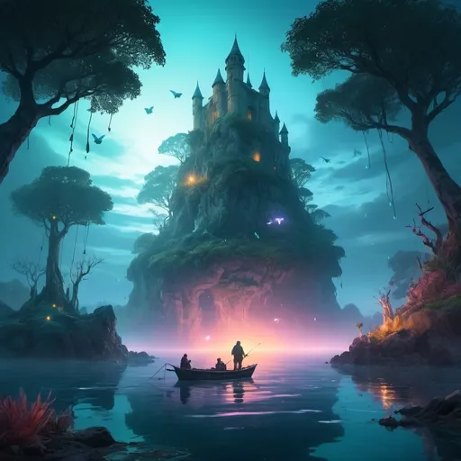 Prompt: (Fisherman trapped on a magical island), ethereal glow, enchanted forest, bioluminescent plants, shimmering waters, mystical creatures, mysterious fog, vibrant color tones, twilight, dreamlike atmosphere, magical realism, detailed environment, floating islands in the distance, glowing symbols, ancient ruins, hidden treasures, cinematic lighting, fantastical background, ultra-detailed, 4K, high-quality fantasy art, masterful use of color and depth.