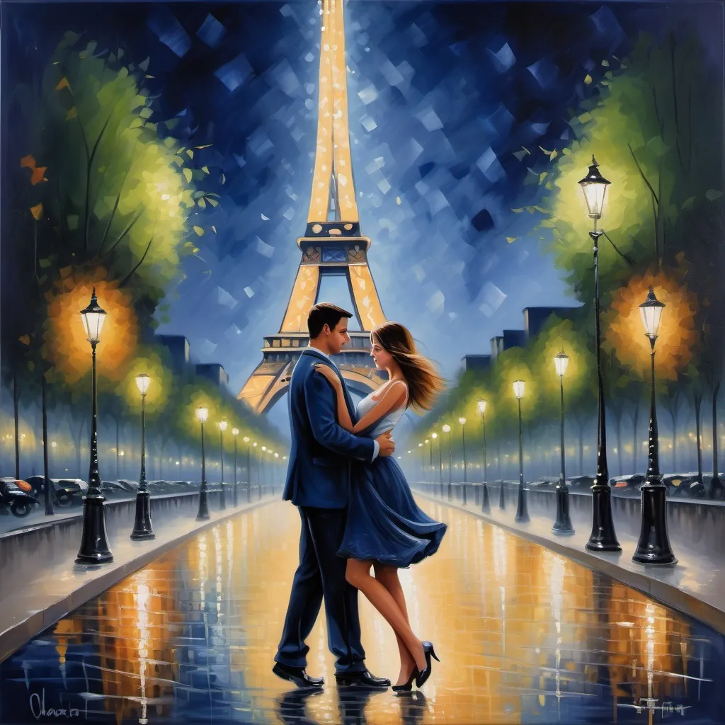 Prompt: oil painting of a young couple near the Eiffel Tower, shimmering navy tones, soft brush strokes, dreamy ambiance, twinkling city lights in the background, emotion-filled expressions, lush greenery surrounding, warm atmosphere, delicate details in clothing, high-quality masterpiece, warm, enchanting light illuminating the scene, creating a sense of timeless romance.