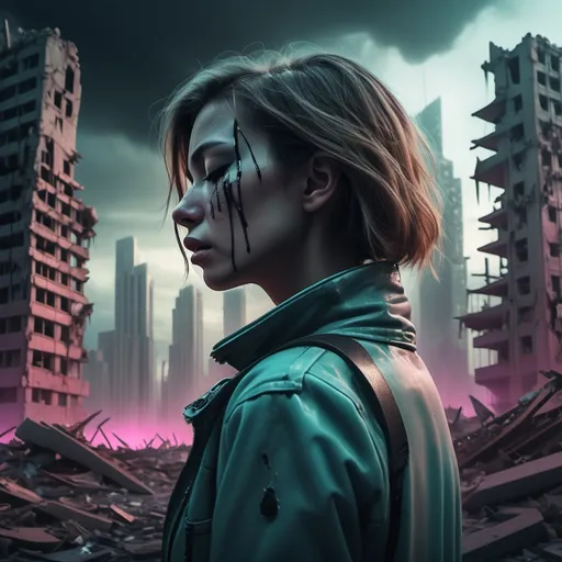 Prompt: lady with closed eyes, (crying in pain), (emotionally distraught), (futuristic city ruins) in the background, (blend of retro elements), (neon and muted colors), atmospheric lighting casting shadows, (grim ambiance), intricate details highlighting the destruction, high-quality cinematic style, ultra-detailed composition, evoking a sense of loss and sadness amidst chaos.