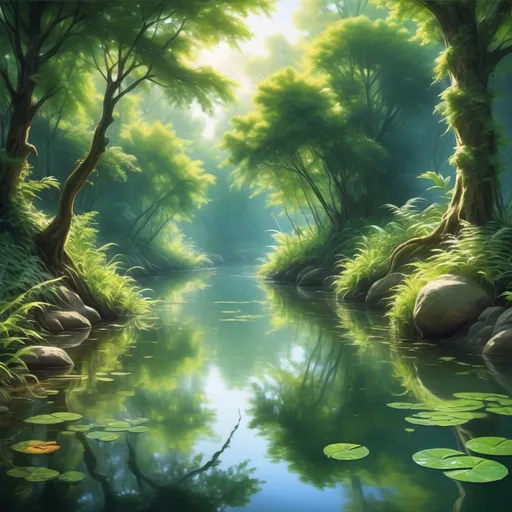 Prompt: (vibrant water creatures), (tranquil river scene), lush greenery on the banks, sparkling clear water reflecting the sunlight, various aquatic life swimming gracefully, serene atmosphere, natural habitat, soft light filtering through the trees, (ultra-detailed), (high quality), inviting and peaceful ambiance, hints of movement creating a dynamic but calming effect.