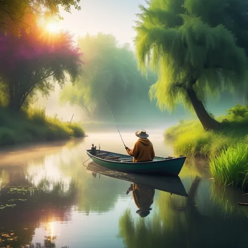 Prompt: (4K), magical river, dreamy atmosphere, lush greenery, soft sunlight filtering through trees, (tranquil) water reflecting vibrant colors, gentle ripples, fisherman wearing a warm sweater and hat on a boat , carrying a fishing rod, serene expression, enchanting wildlife surrounding the riverbank, mystical fog adding enchantment, high detail and vivid colors, (fantasy elements) ingeniously blending reality and magic.