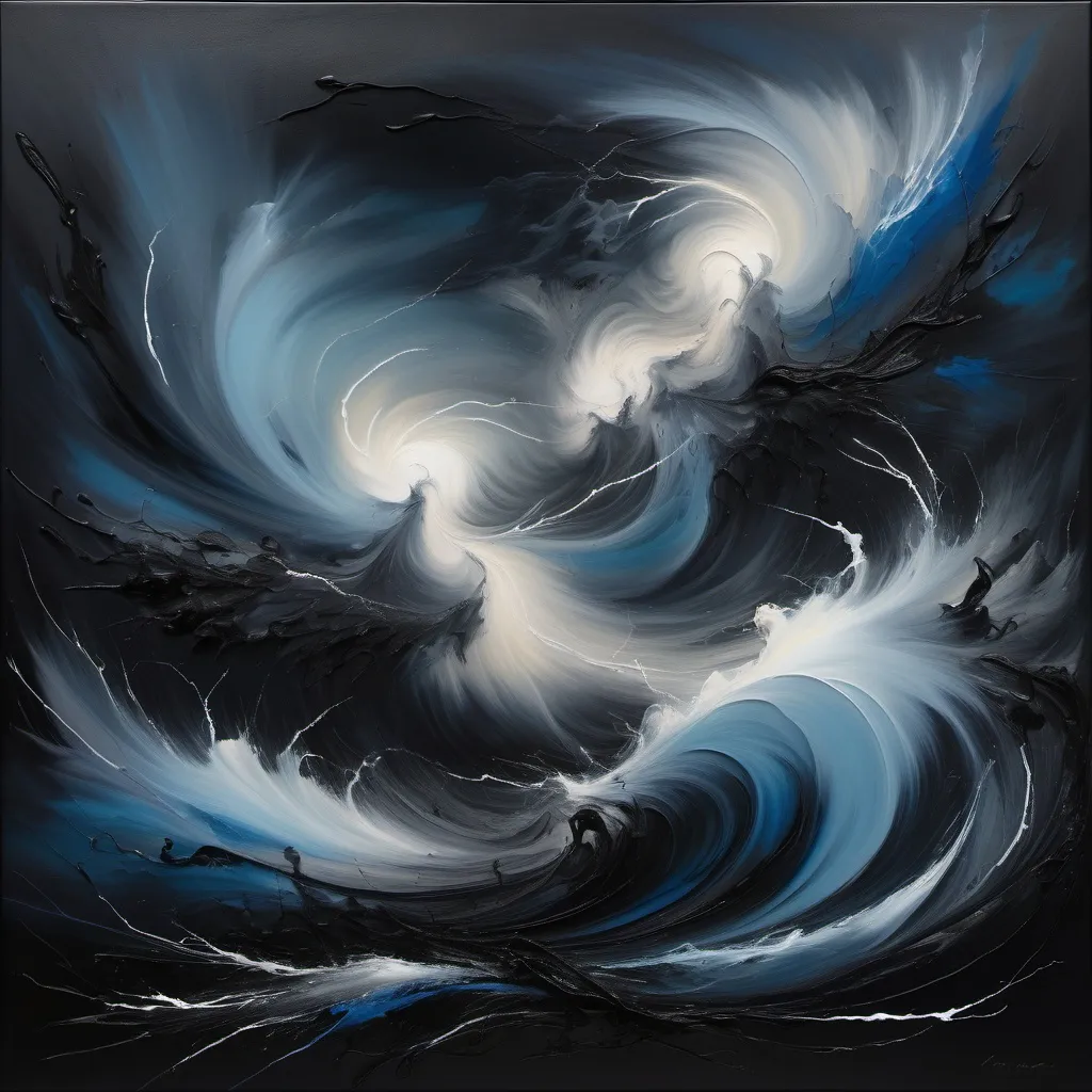 Prompt: Abstract painting of an angry storm, dark and tempestuous hues swirling together, evocative of chaos and intensity, deep blacks, shadowy grays, and sharp electric blues, capturing ferocious energy, relentless movement, and a dramatic atmosphere, conveying feelings of unrest and turmoil, high depth, ultra-detailed, showcasing the raw power of nature in an emotionally charged composition.