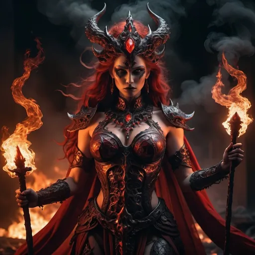 Prompt: (Goddess of Hell with her staff), fierce and commanding, (fiery red and dark tones) encircling shadows, (intense glowing flames) illuminating her regal, demonic features, adorned with dark metallic armor, surrounded by eerie smoke and embers, (highly detailed) with ominous presence, captivating yet terrifying aura, (ominous atmosphere) invoking a sense of power and mystery, (4K), ultra-detailed artistry, dramatic lighting enhancing the monstrous beauty of the figure in the chaotic surroundings.