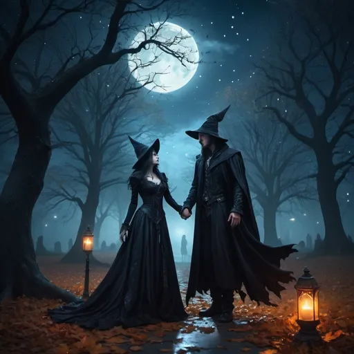 Prompt: (Two sorcerers meet in the park at night), moonlight illuminating the scene, (mysterious atmosphere), dimly lit, gothic clothing, shadows and silhouettes, (glowing magical energy), mystical elements, starry sky, ancient trees, misty background, late autumn leaves on the ground, (ultra-detailed), 4K, vibrant colors, high contrast, dramatic lighting, surreal, enchanting environment, fantasy art, loving couple
