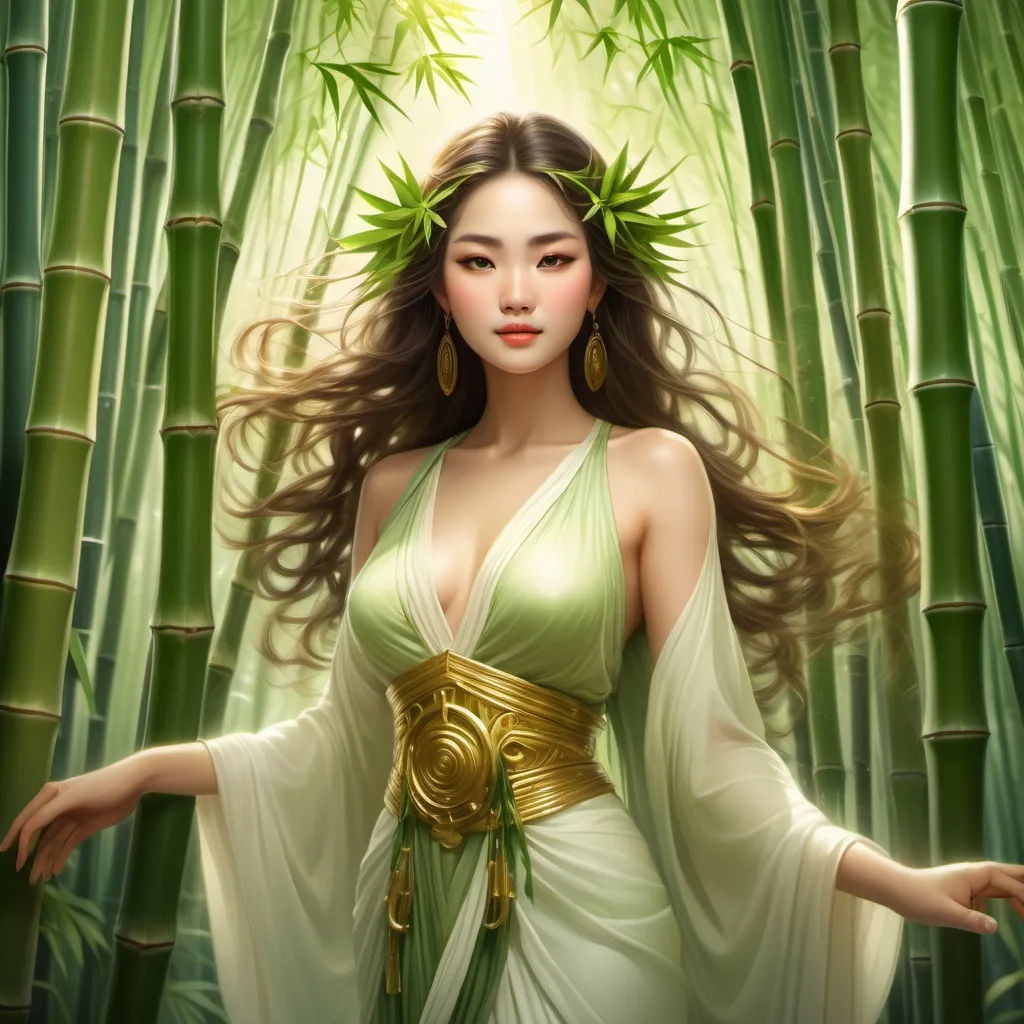 Prompt: Goddess of freedom, (ethereal beauty), surrounded by towering bamboo trees, sunlight filtering through the leaves, lush greenery enveloping modest details, serene yet powerful demeanor, (soft, flowing garments) billowing gently in the breeze, enchanting (dreamlike atmosphere), rich shades of green and gold, (ultra-detailed), life thriving in harmony, mystical light illuminating her presence, tranquil ambiance.