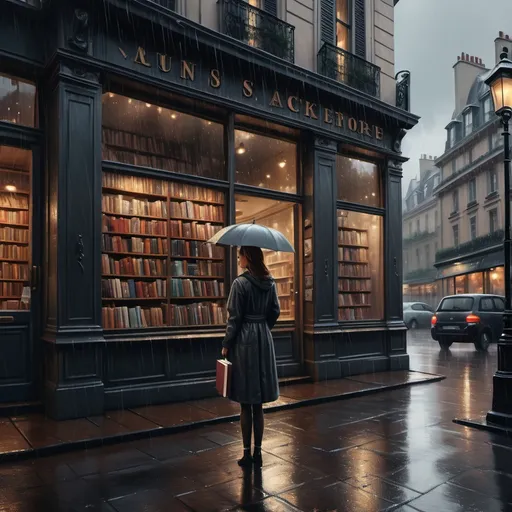 Prompt: A dark tone painting of a lady standing in front of a charming bookstore while holding her books gloomy rainy day atmosphere, overcast skies, soft raindrops glistening, cozy ambiance, warm indoor lights glowing through windows, streets glistening with rainwater, emotional expressions of longing, ultra-detailed, high quality 4K, cinematic depth, poignant elegance, Parisian style.