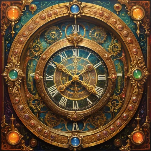 Prompt: (a painting of the lock pad of the magical clock), intricate design, ornate details, mythical symbols, shimmering colors, rich textures, enchanting ambiance, glowing illuminations, medieval style, whimsical atmosphere, warm jewel tones, high detail, masterpiece, stunning visual composition, high-quality art, evocative mood.