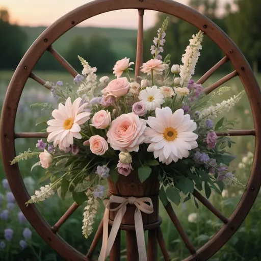 Prompt: (Sympathy flowers on the wheel), delicate petals, serene colors, soft lighting, melancholic atmosphere, reminiscent of comfort and warmth, intricate floral details, bouquet arrangement, set on a rustic wooden wheel, countryside background at dusk, gentle twilight hues, emotional depth, high contrast, warm and muted tones blending, ultra-detailed, 4K, high quality.