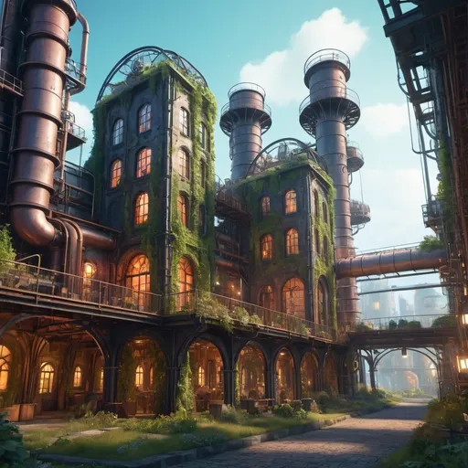 Prompt: Magical industrial buildings with sustainability, 4k, ultra-detailed, fantasy, industrial, eco-friendly, magical lighting, futuristic, sustainable materials, enchanting colors, steam-powered, mystical atmosphere, whimsical architecture, vibrant nature integration, high-quality rendering