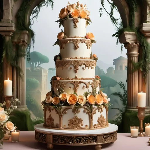 Prompt: Enchanting wedding cake, intricately designed with delicate floral accents, rich colors, and layered textures,  through an ancient world landscape filled with mystical ruins and soft, golden light. Emphasize vibrant hues and romantic nuances of the cake against a backdrop of lush greenery and crumbling temples. Create an atmosphere of wonder and nostalgia, capturing a timeless moment. Ultra-detailed, high-quality art, evoking a sense of magical adventure.