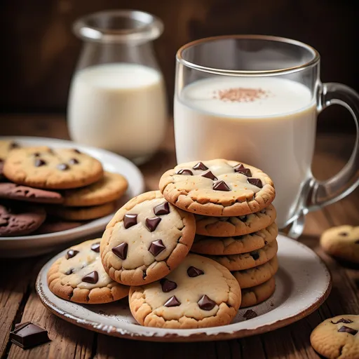 Prompt: Classic cookies (deliciously baked), warm golden brown, rustic and cozy ambiance, sprinkled with sugar, chocolate chips melting, alongside milk in a vintage glass, soft and chewy texture, with a plate of assorted cookies arranged neatly, inviting atmosphere, kitchen background with wooden elements, ultra-detailed, high-quality, capturing the essence of homemade comfort.