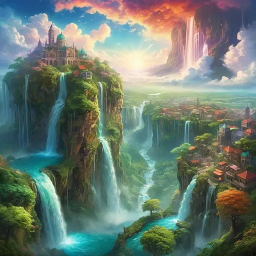 Prompt: Magical city in the middle of the sky , fantasy, surreal, vibrant colors, high quality, detailed, dreamlike, clouds swirling around, majestic waterfalls cascading down, lush greenery, mystical glow, ethereal atmosphere, soft warm lighting, fantasy landscape, infinite sky, otherworldly, surreal, vivid colors, enchanting