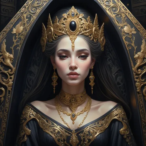 Prompt: (a painting of an ancient princess in a black coffin), ethereal and serene atmosphere, intricate details of her delicate features, flowing attire adorned with gold accents, soft, ambient lighting casting gentle shadows, dark and rich color tones emphasizing depth, ornate coffin design with ancient carvings, mystical background, high quality, ultra-detailed.