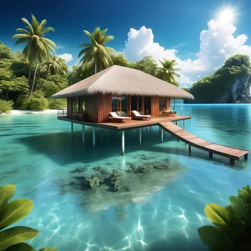 Prompt: secluded bungalow in the middle of tranquil bodies of water, (heaven-like island), lush tropical vegetation, crystal clear blue skies, soft wisps of clouds, shimmering reflections on the water’s surface, serene and peaceful ambiance, (sunlight bathing the scene), ultra-detailed, idyllic paradise, inviting escape, perfect for relaxation and retreat, high quality 4K.