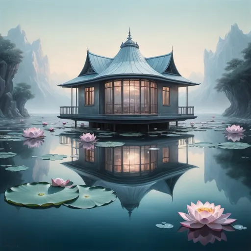 Prompt: Floating house surrounded by vast bodies of water, icy lotus flowers, high quality, ethereal, surreal, detailed water reflection, serene atmosphere, cool-toned, soft natural lighting, icy lotus flowers, minimalistic, dreamy, oil painting, detailed architecture, tranquil