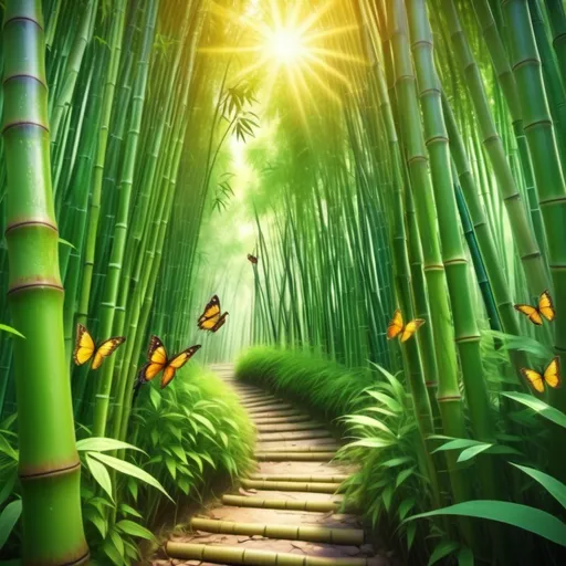 Prompt: (magical bamboo forest), tourists wandering, whimsical atmosphere, bright green foliage, dappled sunlight filtering through leaves, butterflies fluttering about, serene path guiding through the thicket, enchanted feeling, lush greenery, vibrant colors, soft golden glow, peaceful setting, adventure spirit, ultra-detailed, 4K resolution, enchanting exploration.