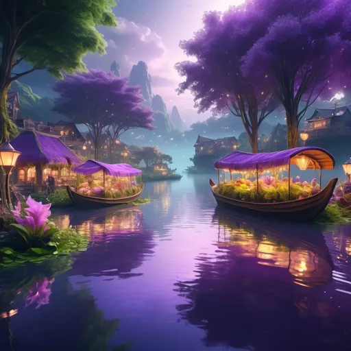 Prompt: Enchanting float market on the river in (luminous purple tones), tranquil waters glistening under soft (ethereal lighting), surrounding lush greenery and dreamlike flora, serene and mystical atmosphere, (highly detailed) landscape, (4K), captivating reflections shimmering on the surface, enchanting ambiance, magical scenery beckoning exploration and wonder.