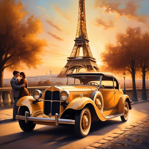 Prompt: (Empty vintage car), painting of a young couple, romantic pose, nostalgia, (Eiffel Tower) in the background, sunset lighting casting warm golden hues, soft shadows, high detail, vibrant colors, emotionally evocative atmosphere, capturing the essence of love and adventure, cinematic composition, ultra-detailed, high quality.