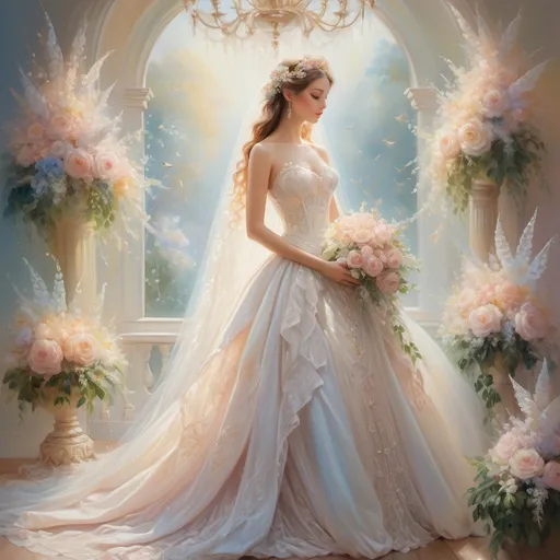 Prompt: Oil painting, a breathtaking lady in a magnificent wedding gown, shimmering with intricate lace and delicate beading, standing gracefully amongst blooming flowers, soft pastel colors soaring, heavenly atmosphere full of love and joy, and gentle light cascading from an ethereal chandelier above, ultra-detailed, charming scenery evoking serenity and celebration on a momentous ceremony day.