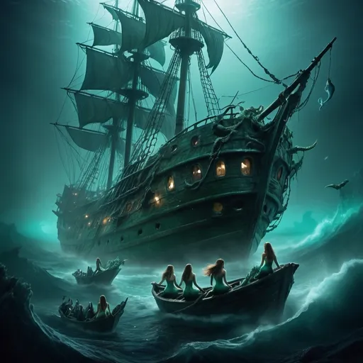 Prompt: (Evil mermaids attack the ghostly ship), eerie underwater scene, haunting atmosphere, dark and moody, bioluminescent hues of blue and green, ghostly fog surrounding the ship, (sinister expressions) on the mermaids' faces, torn and ragged ship sails, shipwreck debris scattered, murky waters, turbulent waves, misty ocean depths, high contrast, dramatic lighting, ultra-detailed, 4K, cinematic quality masterpiece, highly expressive, tension-filled scene.