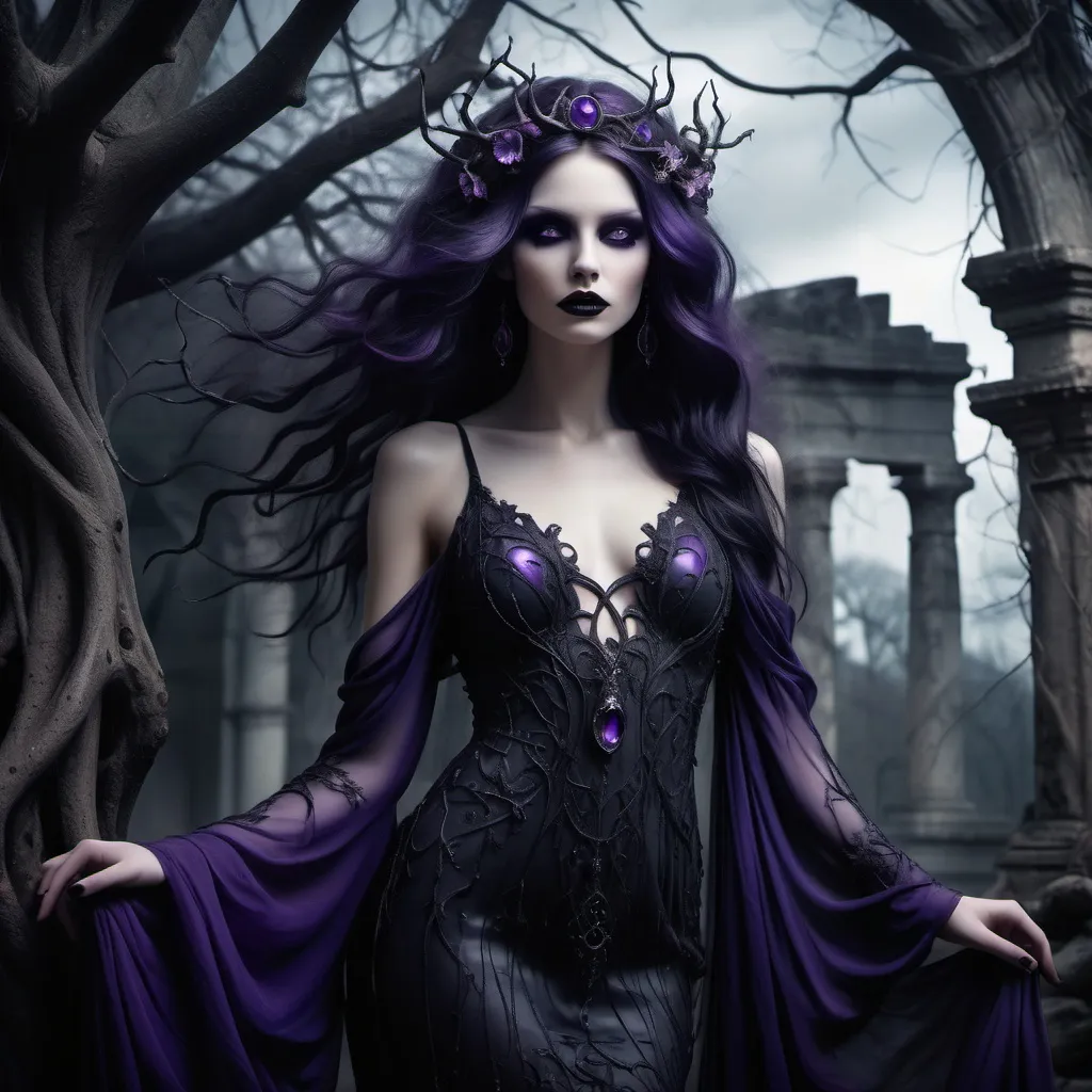 Prompt: (siren), gothic style, enchanting beauty with an air of mystery, flowing hair adorned with intricate accessories, dark flowing gown blending into shadows, soft yet eerie glowing light, detailed background featuring ancient ruins and twisted trees, haunting ambiance, rich and deep color tones with blacks and purples, ultra-detailed, enchanting allure, creating a captivating yet haunting vibe.