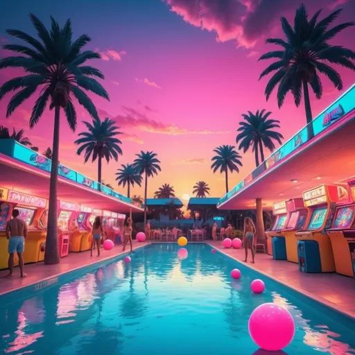 Prompt: (Arcade at the pool ), vibrant colors, neon lights, vivid details, magical, energetic atmosphere, playful and joyful emotions, people having fun, summer vibes, warm tones and sunny lighting, tropical decor, palm trees, pool floats, retro arcade machines, 1980s aesthetic, neon pink and blue, beach balls, sunset sky backdrop, HD, ultra-detailed, 4K quality.