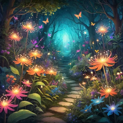 Prompt: Magical garden with vibrant, glowing flora, mystical atmosphere, fantastical environment, whimsical illustration, high quality, enchanting lighting, vivid colors, detailed foliage, ethereal, enchanting, mystical plants, glowing, magical garden, fireflies, whimsical, fantasy, vibrant colors, atmospheric lighting