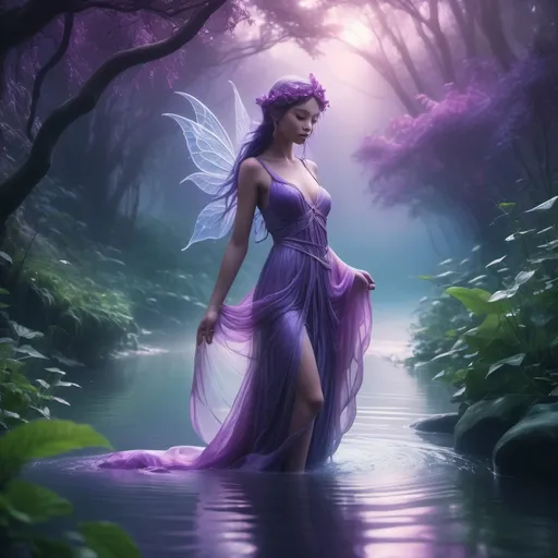 Prompt: Enchanting goddess of river  (purple tone), ethereal and mystical atmosphere, soft light reflecting on water, surrounded by lush greenery, gently flowing currents, atmospheric mist rising, tranquil and serene ambiance, dreamy landscapes, vibrant purple hues intermingling with hints of blues and pinks, 4K, ultra-detailed, capturing a fairy-tale quality.