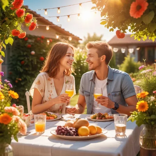Prompt: A young couple celebrating life, (joyful atmosphere), vibrant colors, warm tones, late afternoon sunlight, smiles, casual summer clothing, surrounding a festive table with food and drink, background of blooming garden or terrace under clear skies, (high-resolution), ultra-detailed, photorealistic, cinematic depth, emotional and heartwarming, lens flare from sunshine, high-quality photo.