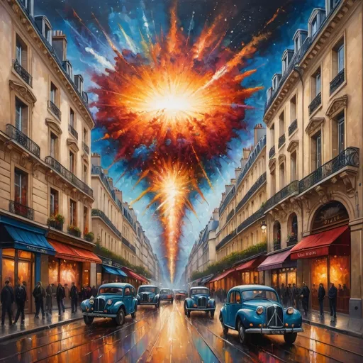 Prompt: Supernova exploding over Parisian street, oil painting, detailed architecture, vibrant explosion, high quality, impressionism, surreal, warm tones, dramatic lighting, intricate details, Parisian streets, bustling atmosphere, historic buildings, cars,cosmic event, colorful, vibrant, busy, striking, surrealism