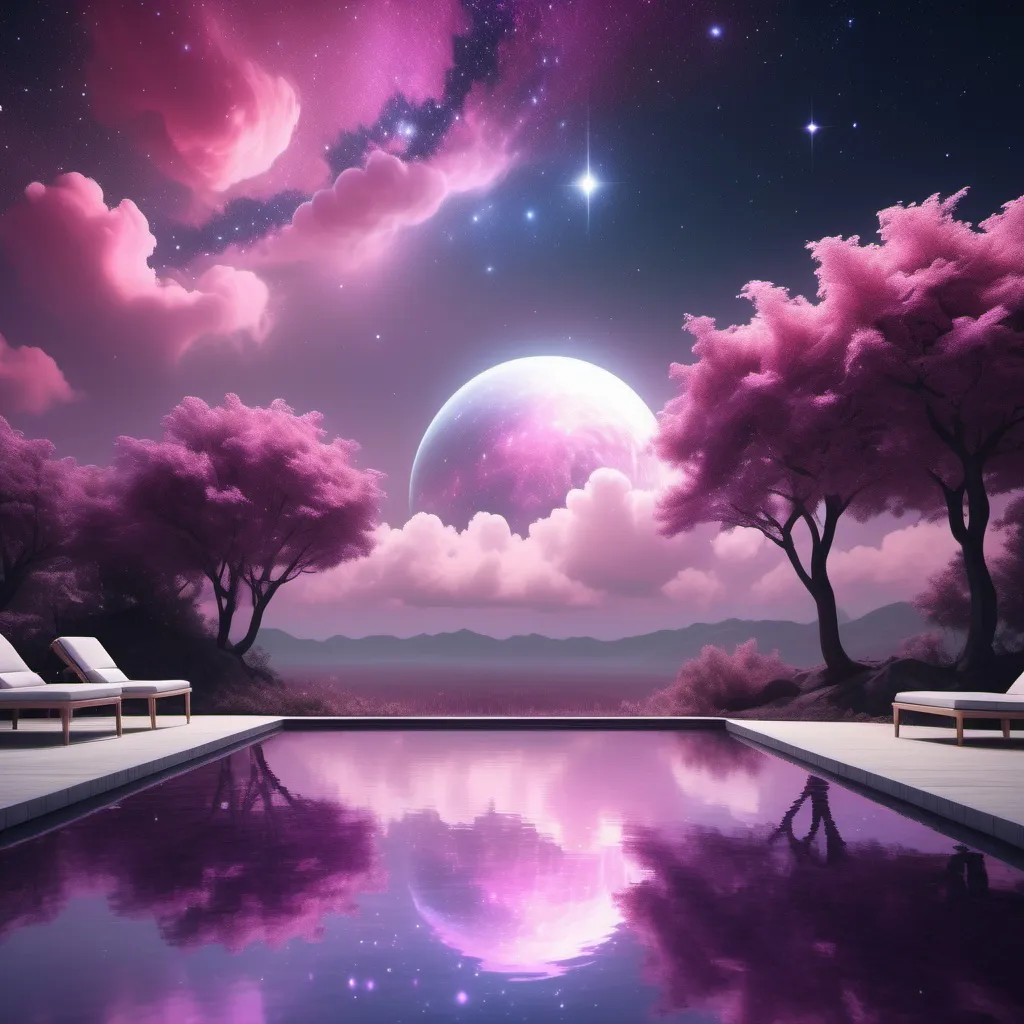 Prompt: (Astro pool), dreamy, surreal ambiance, luminous shades of pink and violet reflecting across water, cosmic elements like twinkling stars scattered above, serene atmosphere, surrounded by ethereal clouds, modern minimalist decor, ultra-detailed, high definition, soft lighting creating a tranquil environment, inviting space for escape and relaxation, perfect for dreamers and stargazers.