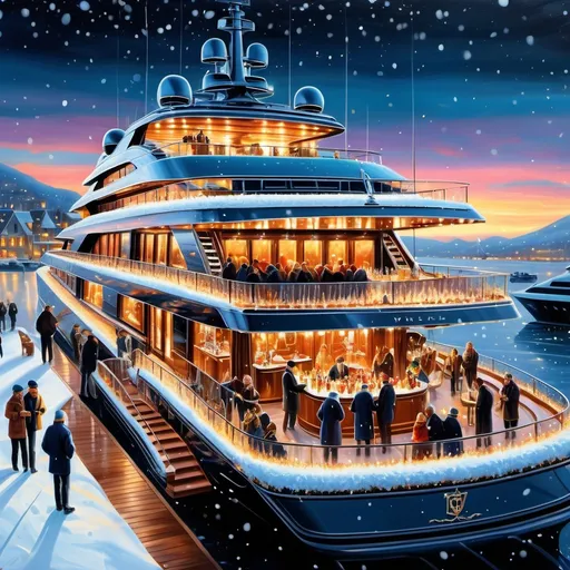 Prompt: (oil painting), (highly detailed), a luxurious mega yacht decorated for a grand celebration, festive lights illuminating the scene, snow gently falling onto the deck, guests in elegant winter attire enjoying drinks, a vibrant atmosphere with warm and cool color contrasts, glistening ice crystals, a beautiful winter skyline in the background, ultra-detailed, cinematic composition, cozy and festive ambiance