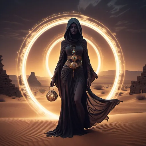 Prompt: (dark witch), traveler with a mystic aura, (magical portal) glimmering with ethereal lights, ancient desert landscape bathed in eerie twilight, swirling sands, ancient ruins partially obscured by shadows, (atmospheric) and (enigmatic) vibe, cool tones, high detail, ultra-detailed, captivating contrast between the witch's dark apparel and the golden desert background.