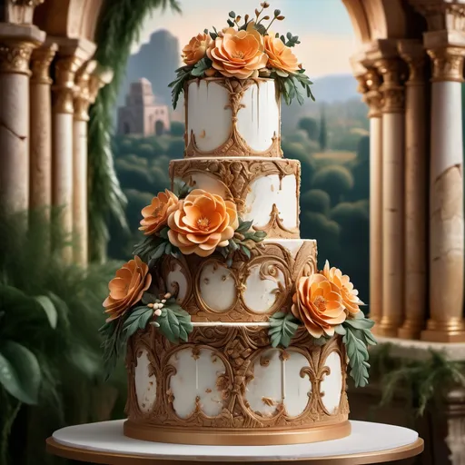 Prompt: Enchanting wedding cake, intricately designed with delicate floral accents, rich colors, and layered textures,  through an ancient world landscape filled with mystical ruins and soft, golden light. Emphasize vibrant hues and romantic nuances of the cake against a backdrop of lush greenery and crumbling temples. Create an atmosphere of wonder and nostalgia, capturing a timeless moment. Ultra-detailed, high-quality art, evoking a sense of magical adventure.