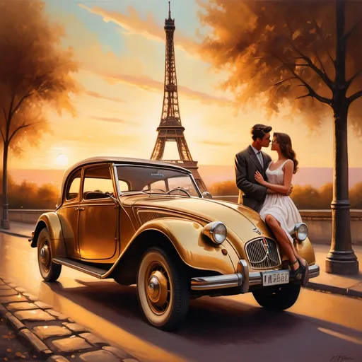 Prompt: (Empty vintage car), painting of a young couple, romantic pose, nostalgia, (Eiffel Tower) in the background, sunset lighting casting warm golden hues, soft shadows, high detail, vibrant colors, emotionally evocative atmosphere, capturing the essence of love and adventure, cinematic composition, ultra-detailed, high quality.