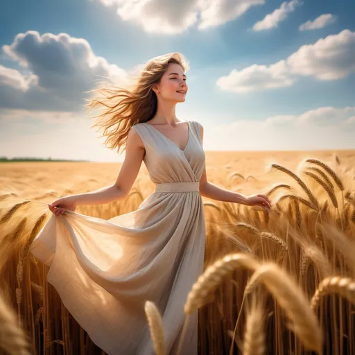 Prompt: A (serene) lady standing in a golden wheat field, soft sunlight illuminating the scene, gentle breeze creating a wavy motion in the wheat, (vibrant) blue sky above with fluffy white clouds, dreamy ambiance, warm tones reflecting an (optimistic) atmosphere, ultra-detailed, high-quality image, nature's beauty, the elegant flow of her dress blending harmoniously with the surrounding landscape.