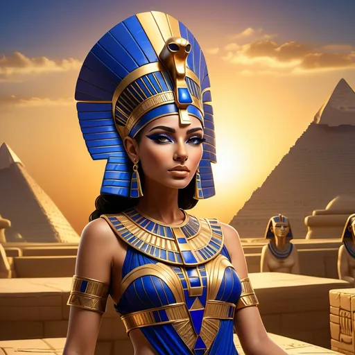 Prompt: Ancient Egyptian queen, detailed headdress adorned with gold and lapis lazuli, elegant flowing gown with intricate hieroglyphic patterns, regal pose exuding grace and authority, the background featuring grand pyramids under a golden sunset, vibrant warm colors creating an enchanting atmosphere, high definition, ultra-detailed, dramatic lighting emphasizing royal features and accessories.