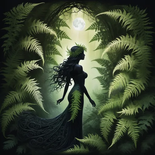 Prompt: (goddess of darkness), ethereal presence, silhouette behind lush green forest ferns, (mysterious ambiance), soft moonlight filtering through, deep shadows, captivating elegance, enchanting and haunting atmosphere, intricate leaf patterns, heightened realism, high detail, (ultra-detailed, mystical setting), enchanting allure.