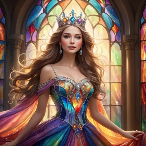 Prompt: Magical beauty queen, fantasy illustration, vibrant and dazzling, high quality, detailed gown with shimmering details, elegant and regal pose, glowing magical crown, flowing long hair with sparkling effects, enchanting and ethereal atmosphere, fantasy, royal, celebratory, mystical, vibrant colors, soft and warm lighting, stained glass