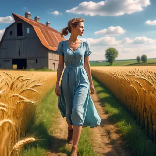 Prompt: (A stylish lady walking to a farm), picturesque countryside, lush green fields, golden wheat swaying, bright blue sky with fluffy clouds, warm sunlight illuminating the scene, rustic barn in the background, serene and inviting atmosphere, gentle breeze, detailed textures in clothing, soft, flowing dress, relaxed pose, captured in high detail, (4K quality) for vibrant colors.