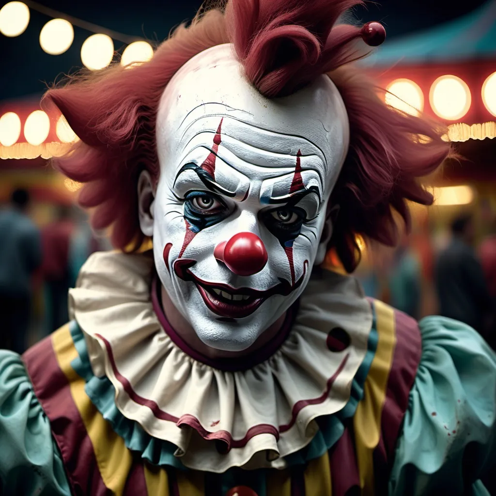 Prompt: (cinematic scene of a clown), eerie carnival setting, (dark, brooding colors), dim lighting casting long shadows, deserted rides creaking in the wind, a sense of foreboding, expressive yet unsettling facial features on the clown, threadbare costume, subtle grime on painted face, hauntingly calm yet disturbing ambiance, (ultra-detailed) atmosphere of unease and mystery, (high quality) 4K resolution.