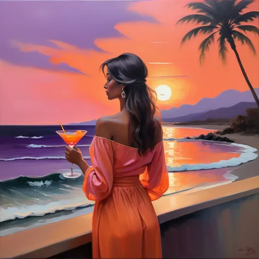 Prompt: A stunning oil painting of a lady gazing contemplatively at a vibrant sunset, holding a refreshing cocktail in one hand. The scene exudes a warm, tranquil ambiance with rich hues of orange, pink, and purple illuminating the sky. Soft brush strokes enhance the serene mood, capturing the gentle waves in the background. The elegant lady, dressed in a flowing sundress, reflects a moment of blissful relaxation in this ultra-detailed masterpiece.