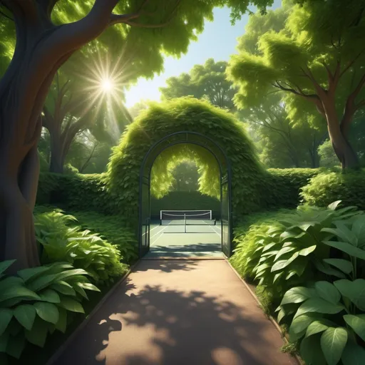 Prompt: (entrance made of arching tree branches), inviting view into (lush green tennis court), dappled sunlight filtering through foliage, serene, natural setting, vibrant colors, soft shadows, enchanting atmosphere, surrounded by nature, (highly detailed), crisp edges, tranquil ambiance, 4K, ultra-detailed, capturing the essence of leisure and tranquility.