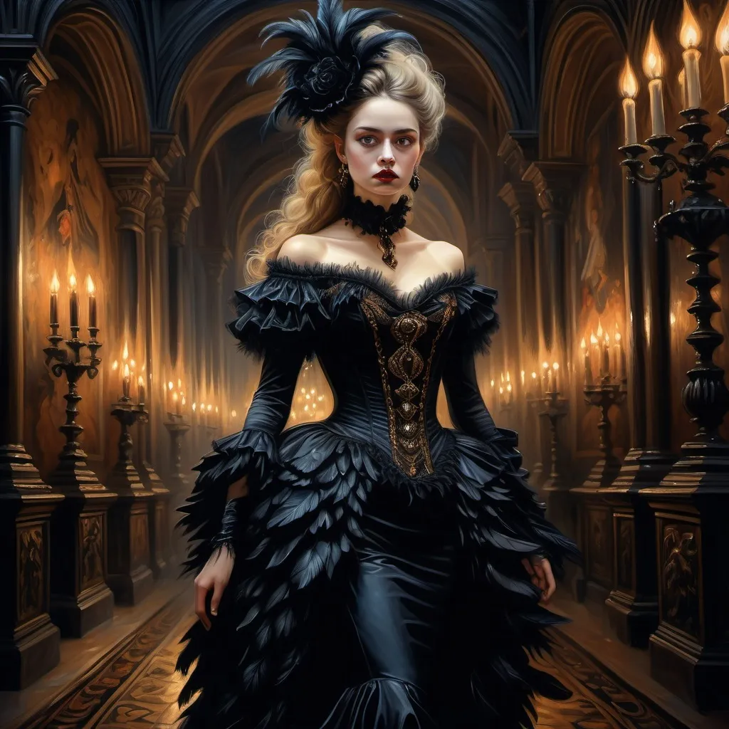 Prompt: High-quality oil painting of a lady wearing a striking costume , heading toward an  gothic themed party, dark velvet curtain  around, hauntingly beautiful dim candlelight, intricate details in the costume like feathers and ruffles, a mysterious ambiance all around, ultra-detailed, rich colors with deep contrasts, showcasing her confident stride against a backdrop of ornate gothic architecture.