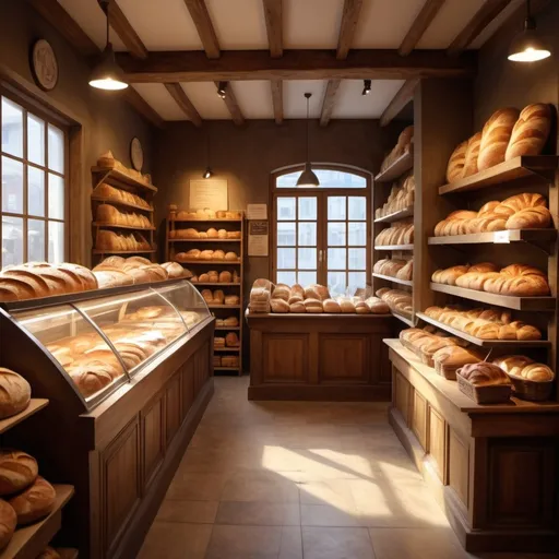 Prompt: (bread store), painting, cozy and inviting atmosphere, shelves filled with freshly baked bread, warm golden lighting, rustic wooden interior, the aroma of baked goods, a friendly shopkeeper, customers smiling and chatting, decorative baskets filled with loaves, artisan pastries on display, window with morning light streaming in, handwritten menu boards, high-quality, ultra-detailed, 4K, vibrant and rich color tones.