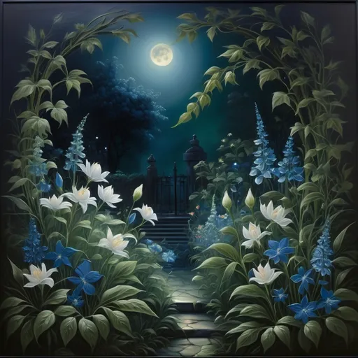 Prompt: (mystical garden scene), enchanting shadows enveloping lush greenery, soft luminescence of moonlit flowers, vivid twinkling stars above, deep blues and dark greens juxtaposed, serene yet eerie ambiance, delicate blossoms whispering secrets, intricate details in each leaf, (oil painting), ultra-detailed, moody and atmospheric, captivating beauty hidden in darkness.