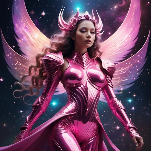 Prompt: (goddess in pink catsuit armor), vibrant colors, sleek design, ethereal atmosphere, high fantasy theme, powerful stance, intricate armor details, cosmic background with sparkling stars, dramatic lighting illuminating the figure, ultra-detailed, majestic and enchanting aura, blending strength and elegance, fantasy aesthetic, mythical elements, captivating composition.