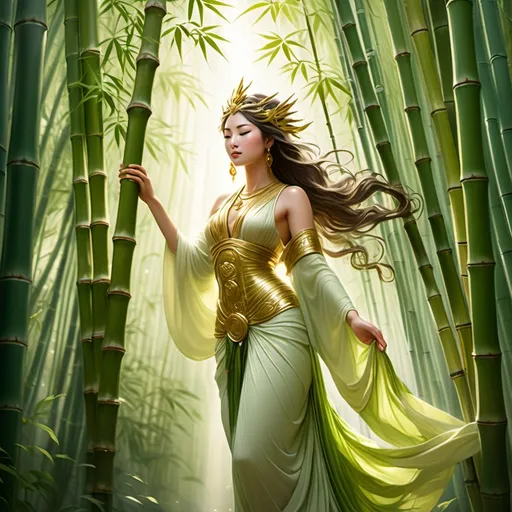 Prompt: Goddess of freedom, (ethereal beauty), surrounded by towering bamboo trees, sunlight filtering through the leaves, lush greenery enveloping modest details, serene yet powerful demeanor, (soft, flowing garments) billowing gently in the breeze, enchanting (dreamlike atmosphere), rich shades of green and gold, (ultra-detailed), life thriving in harmony, mystical light illuminating her presence, tranquil ambiance.