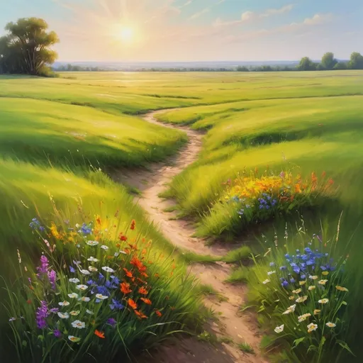 Prompt: Endless field, oil painting, colorful wildflowers, vibrant green grass, vast expanse, highres, realistic, impressionism, warm sunlight, serene atmosphere